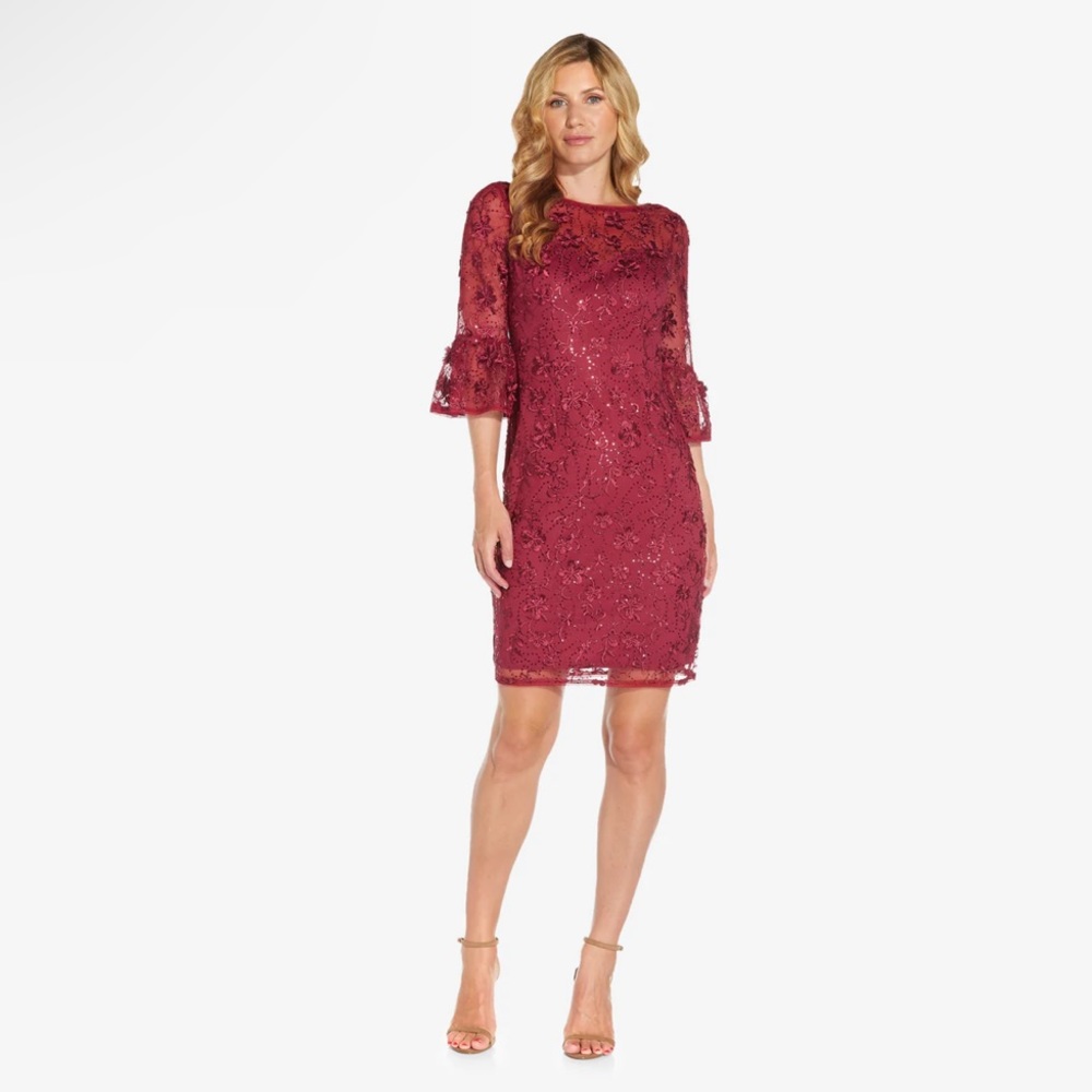 Adrianna Papell Red Sequin Embroidered Sheath Dress With Bell Sleeves
